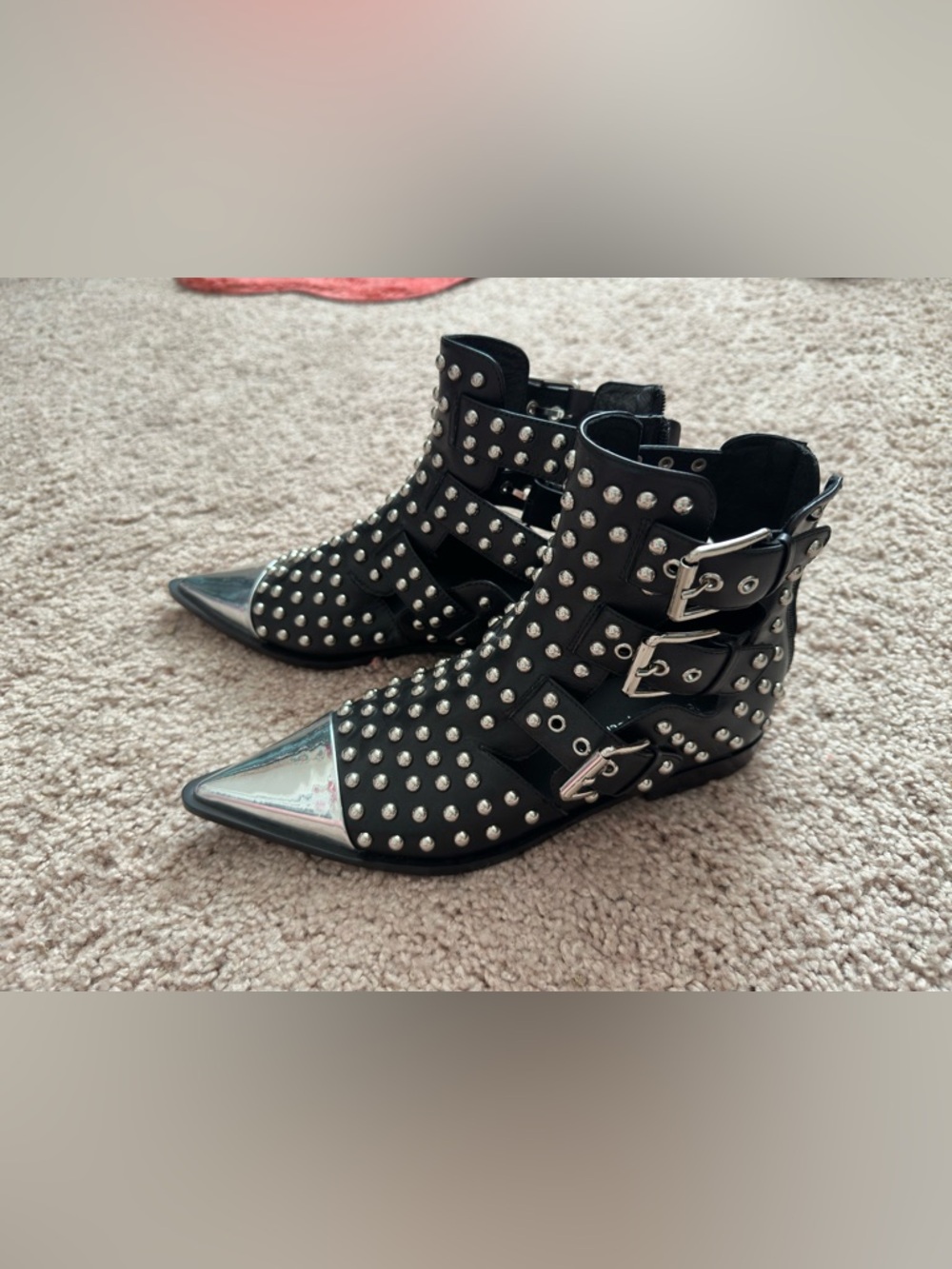 Jeffrey Campbell Black Studded Pointed Ankle Booties with Silver Cap | Size 7.5